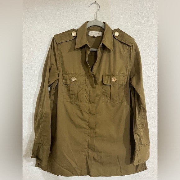 Max studio London Sz M zip down front upper pocket olive green shaquet top shirt - Picture 1 of 4